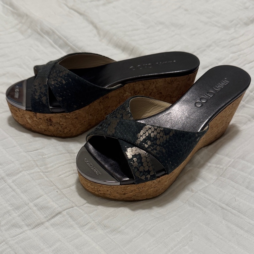 JIMMY CHOO “Prima” Snakeskin Wedge Sandals